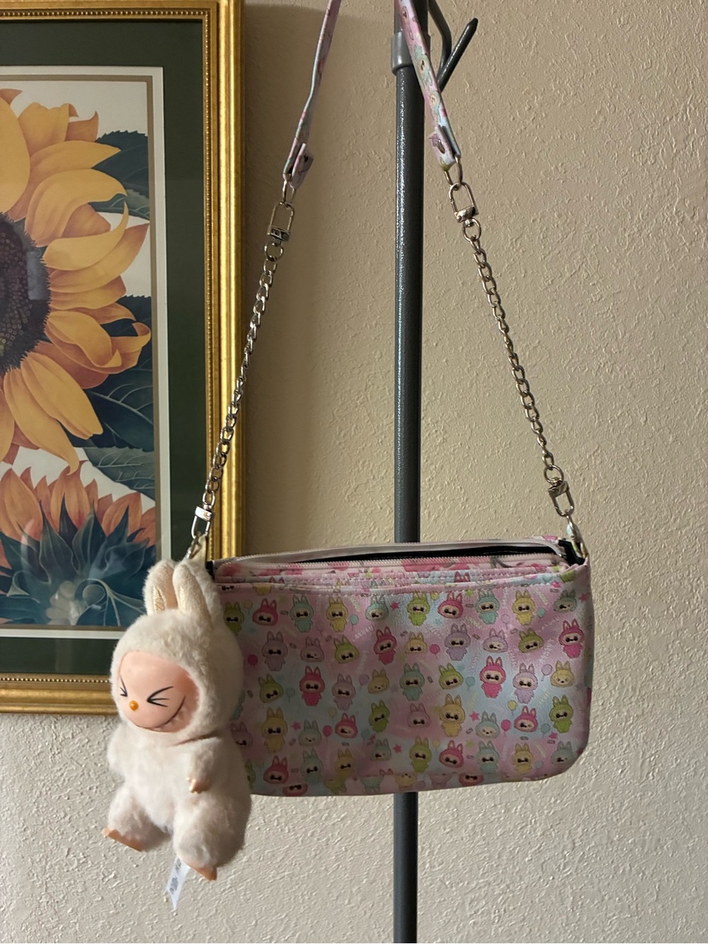 Labubu Pink Character Print Shoulder Bag with Plush Labubu Charm